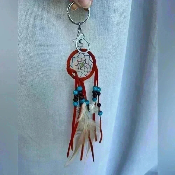 Like New  Orange Blue Dreamcatcher Feather Beads Keychain Accessory Clip On - Picture 5 of 8